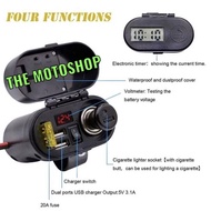 VOLTMETER MOTOR VOLTMETER 4 IN 1 DENGAN 2 CHARGER USB / JAM DIGITAL / TOMBOL ON OFF / PEMANTIK ROKOK