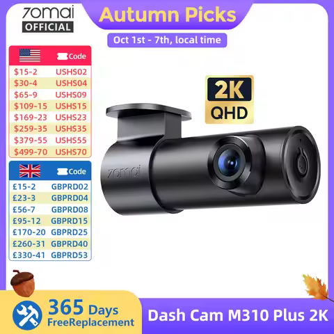 70mai M310 Plus 2K 1440P Dash Cam 143°FOV f/1.55 Large Aperture Smart Voice Control 24H Parking Guar