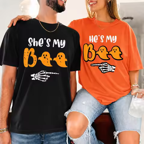 Hes My Boo Shes My Boo Skeleton Graphics T-shirt For Couple Vintage Women Men Halloween Matching Tsh
