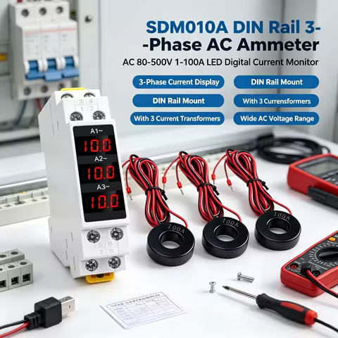 SDM010A AC 80~500V 1~100A LED Din Rail Digital Display Ammeter 3-Phase Modular Current Meter Gauge I