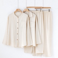 Solid Color Muji Style Cotton Linen Autumn Pajamas - Loose Long-Sleeved Trousers