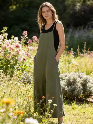 Women's Summer Sleeveless Jumpsuit Solid Color Wide Leg Bib Overalls Casual Loose Cotton Linen Strap