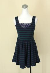 貞新二手衣 caca deal日本 靛藍條紋羅馬領無袖蕾絲棉質洋裝M(2號)(34965)