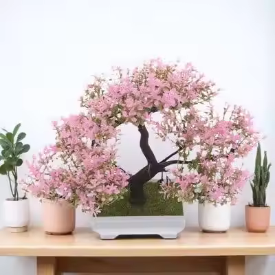 Artificial Bonsai Trees Cherry Blossom Plastic Plants Decor Fake Pink Simulation
