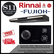 Rinnai RH-S3059-PBW Sleek &amp; Stylish  Matt Black Design LED Slimline Hood + Fujioh FH-GS5030 SVGL Black Glass Gas Hob  With 3 Different Burner Size BUNDLE DEAL - FREE DELIVERY