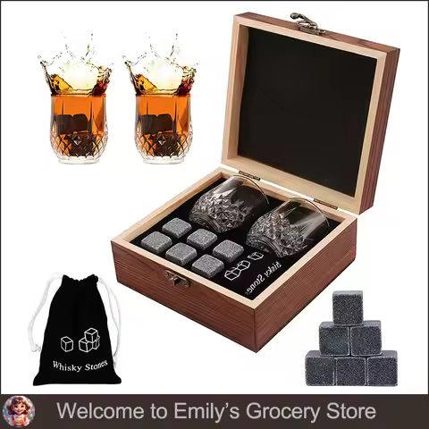 Father's Day Gift for Men Whiskey Stones Glasses Set Granite Ice Cube for Whisky in Wooden Bottle Bo