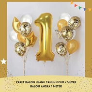 PAKET BALON ULANG TAHUN GOLD / SILVER BALON ANGKA 1 METER