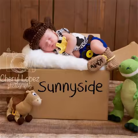 Crochet Newborn Baby Cowboy Outfit Baby Boy Photo Props Cowboy Boots Hat and Diaper Cover with Vest 