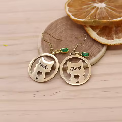 Chandler Custom Name Round Stainless Steel Cat Earrings Cute Animal Kitten Charms Drop Dangle Earrin