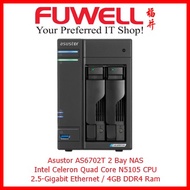 Asustor AS6702T 2 Bay NAS (Intel Celeron Quad Core N5105 CPU/4GB DDR4 Ram/2.5GB Lan)