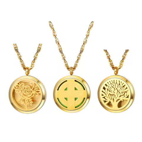 U7 37mm Round Perfume Diffuser Necklace for Man Woman Stainless Steel Essential Oil Locket Aromather