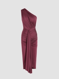 Cider Satin Asymmetrical Ruched Maxi Dress