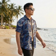 เสื้อเชิ้ตผ้าไหมน้ำแข็งลายดอกไม้สำหรับผู้ชาย สไตล์เรโทรอเมริกัน เสื้อแจ็คเก็ตแขนสั้นแบบใหม่ Ice silk
