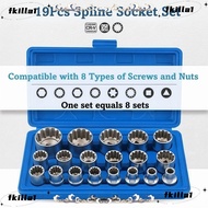 FKILA 19 Pcs 12 Point Socket Set, Metric Cr-V Spline Socket Set, High Quality 6-Angle with  8-32mm S