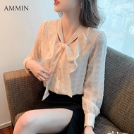AMMIN เสื้อผู้หญิงแขนพองอเนกประสงค์สไตล์เกาหลีเสื้อชีฟองผ้าแจ็คการ์ดหูกระต่ายแต่งระบายแขนยาวทรงหลวมเ
