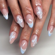 French Blue Wearable Nails Nails Butterfly Pearls Manicure Fake Nails Repeatable Short Almond Nails 