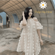 Váy babydoll trễ vai bánh bèo Đầm babydoll tiểu thư hoạ tiết hoa nổi AS115