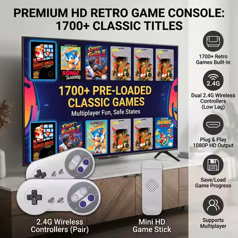 SF900 1080P HD Retro Game Stick TV Video Game Console 5000+ Classic SNES Games 2 Wireless Controller