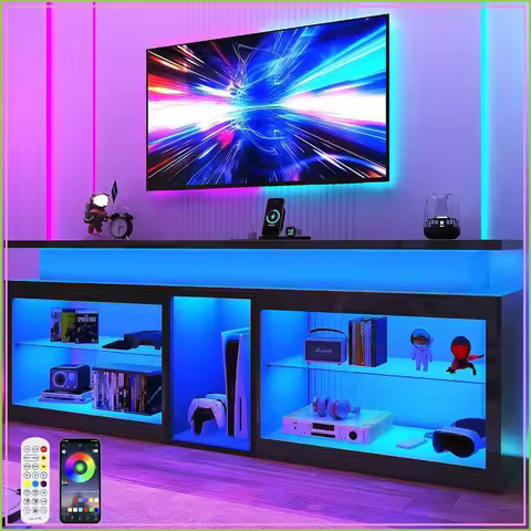 71" LED TV Stand with Power Outlet, 60-Color LED Lights for 70-80 in TV, Black