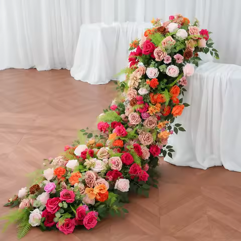 Red Orange Pink Artificial Rose Flower Row Wedding Table Runner Garland Silk Fake Flower For Banquet