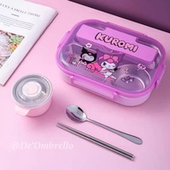 (KH-14T) Kuromi Lunch Box 4 Compartments 304 Stainless Steel 1500ml + FREE CUTLERY Heat Resistant An