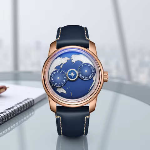OBLVLO Fashion Men Three Wheels Automatic Watch Creative Earth Dial Blue Luminous Leather Strap Watc