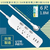 【WISER精選:台灣製造】6呎1.8M延長線3P3開3插3USB
