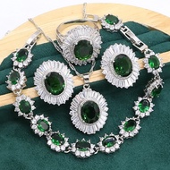 【lz】❍  Conjunto de joias de prata 925 esmeralda verde grande para mulheres pulseira brincos colar pingente presente de aniversário