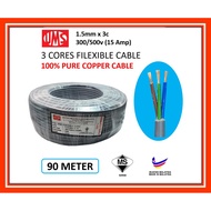 UMS 1.5mm x 3c 100% Pure Copper Sirim Pvc Flexible 3 Cores Cable Wire (15Amp)
