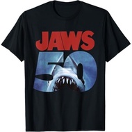 Baju Jaws 50th Anniversary Logo Print T-Shirt Men Women 100% Cotton Summer Retro Fashion T-shirt Baj