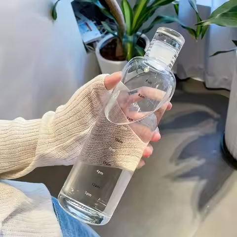 500ml/16.9oz Transparent Plastic Sport Water Bottle Time Marker Leakproof Juice Milk Cup Portable Ki