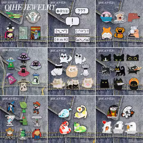 4-9pcs/set Cartoon Japan Anime Cat Knife Enamel Pins Comedy TV Flork Meme Lizard Wizard Frog Airship