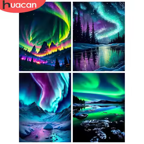 HUACAN Diamond Mosaic Landscape Diamond Painting Aurora Borealis Full Round Drill Embroidery Creativ