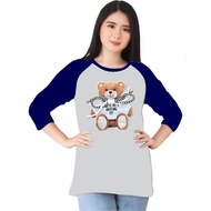 Women's 3 Sleeve T-Shirt/4 Screen Printed Shoelaces bear/ T-Shirt Tops / Raglan T-Shirt 3 Sleeve/4 /