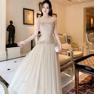 [NITTAYA] D2750 Long Skirt Dress With See-Through Sleeves And Flower Details Decorated With Pearls B