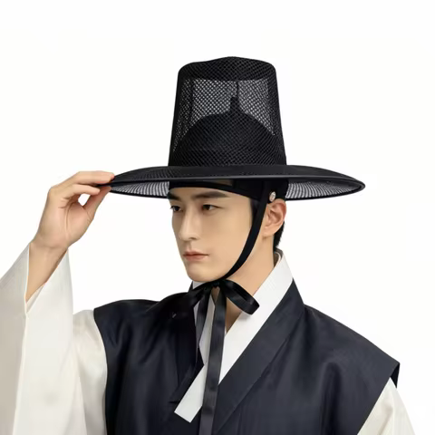 Lightweight Traditional Korean Gat Hat Adjustable Black Mesh Joseon Dynasty Hat Ribbon Wide Brim Cos