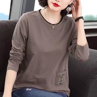 【M-4XL】Embroidered Pocket Blouse Women's Plus Size T-Shirt Patchwork Long Sleeves Top Baju Perempuan Lengan Panjang