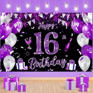 Large Happy 16th Birthday Banner - Silver, Black & Purple Decoration for Girls' 16th Birthday Party 