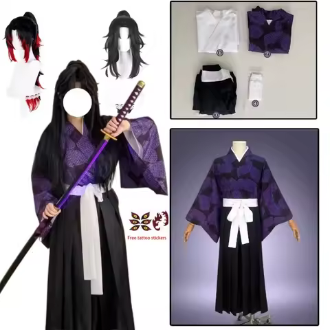Kokushibo Cospay Costume Men Anime Tsugikuni Yoriichi Kimono Haori Pants Wig Temporary Tattoos Hallo