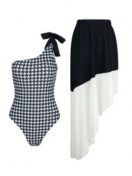 Conjunto de traje de baño a cuadros para mujer de dos piezas con falda de playa
