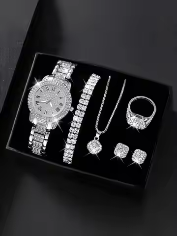 7-Piece Crystal-Embellished Watch & Jewelry Set for Women