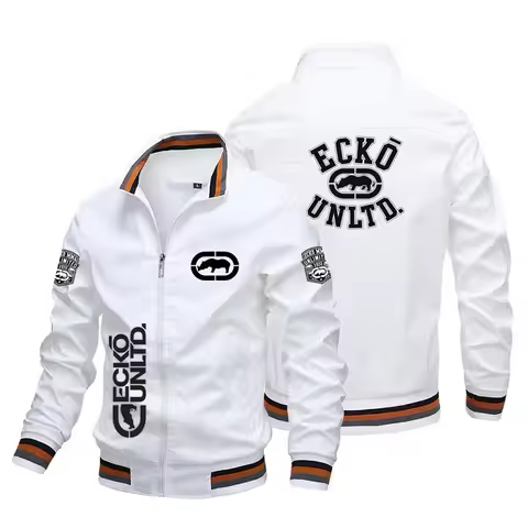 Men Striped Rib Stand Collar Bomber Jacket Ecko Unltd Rhino Multi Print Zipper Coat Y2K Hip Hop Stre