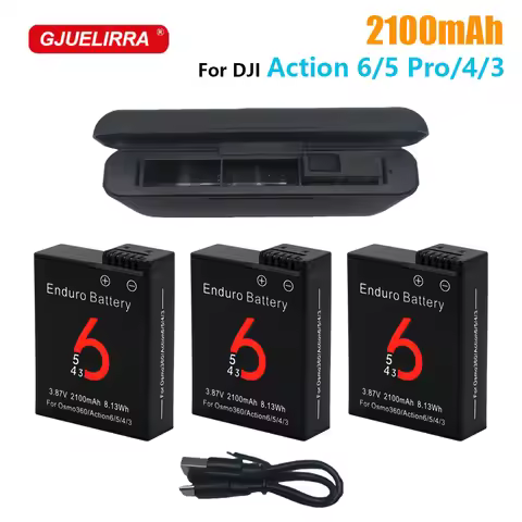 2100mAh Battery for DJI Osmo Action 6 Action 5 Pro/4 Camera Battery and 3 Slots Charger for DJI Acti