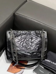 ✨YSL Saint Laurent Niki復古褶皺小牛皮斜挎單肩包 中號 女款 黑色
