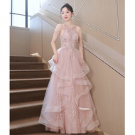 2025 Womens High End Sequins Pink Evening Dress Luxury High End Banquet Temperament Host Art Exam To