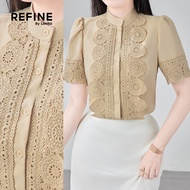 (Refine by Lovito) Elegant Blus Anggun Leher Ruffle Kancing Depan Musim Semi/Musim Panas Warna Khaki