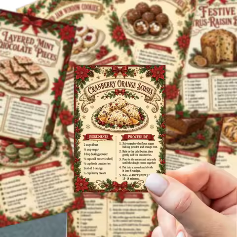 20pcs Poinsettia Holly Border Christmas Dessert Recipe Cards,Christmas Gift Tags,Christmas Baking Pa