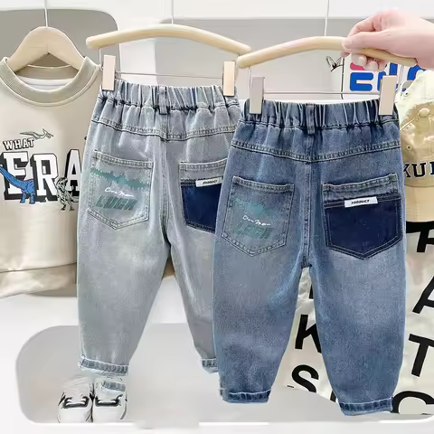 4-6Y Little Boys Jeans Autumn Letter Printed Children Boys Casual Trouser Elastic Waist Versatile To