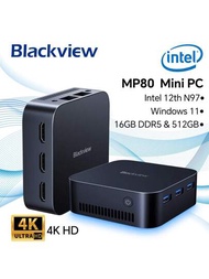 Blackview Mp80 迷你電腦 Intel 第 12 代 N97（最高可達 3.6 Ghz）,16gb Lpddr5 512gb M.2 Ssd 迷你桌上型電腦,支援雙 Lan、3 個 Hdmi、2.4/5g Wifi,4k Uhd 歐盟版 Windows 11 系統