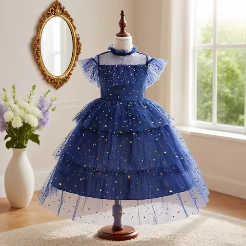 Blue dress girls daily dress star embellished mesh dress suitable for birthday party anniversary